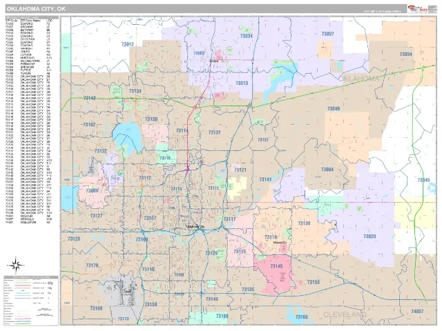Oklahoma City, OK ZIP Code Wall Map, Classic style