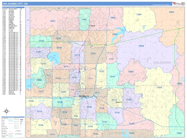 Oklahoma City, OK ZIP Code Wall Map, ColorCast style