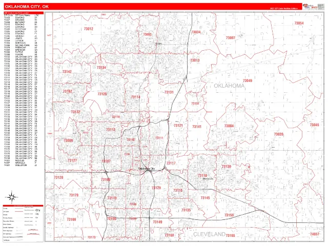 Oklahoma City, OK ZIP Code Wall Map, RedLine style