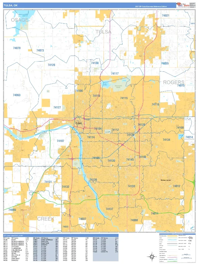 Tulsa, OK ZIP Code Wall Map, Business Reference style