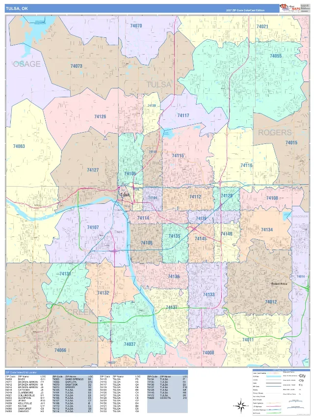 Tulsa, OK ZIP Code Wall Map, ColorCast style