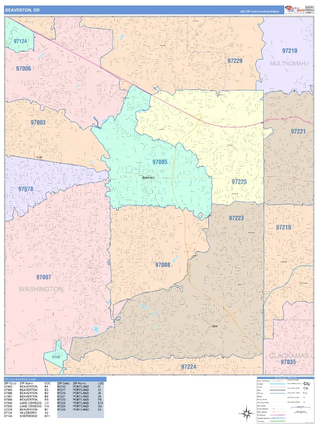 Beaverton, OR ZIP Code Wall Map, ColorCast style