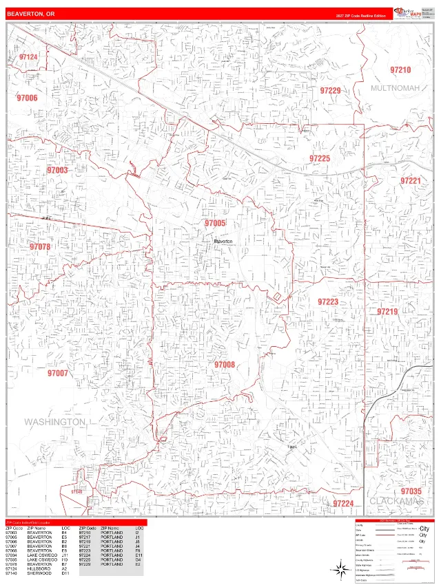 Beaverton, OR ZIP Code Wall Map, RedLine style