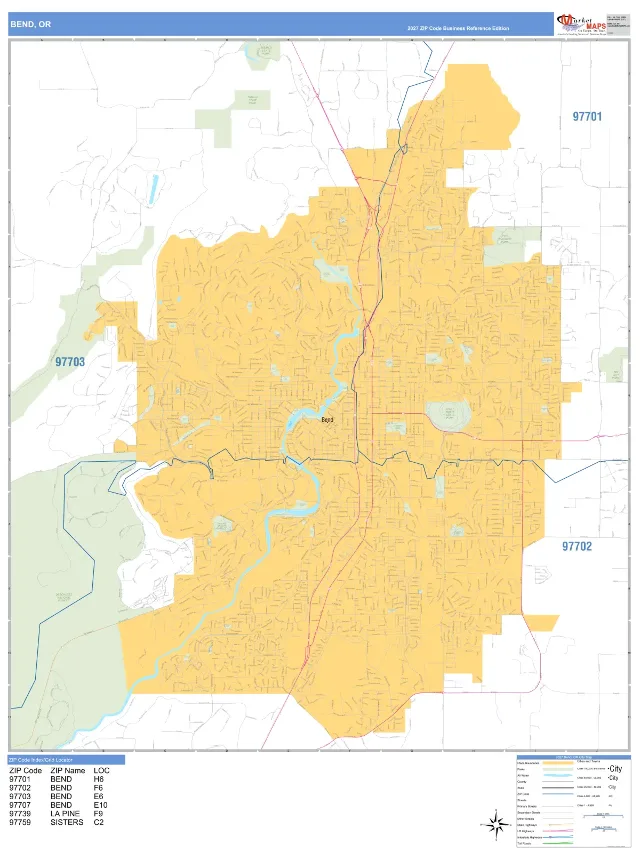 Bend, OR ZIP Code Wall Map, Business Reference style