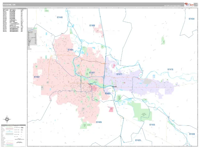 Eugene, OR ZIP Code Wall Map, Classic style