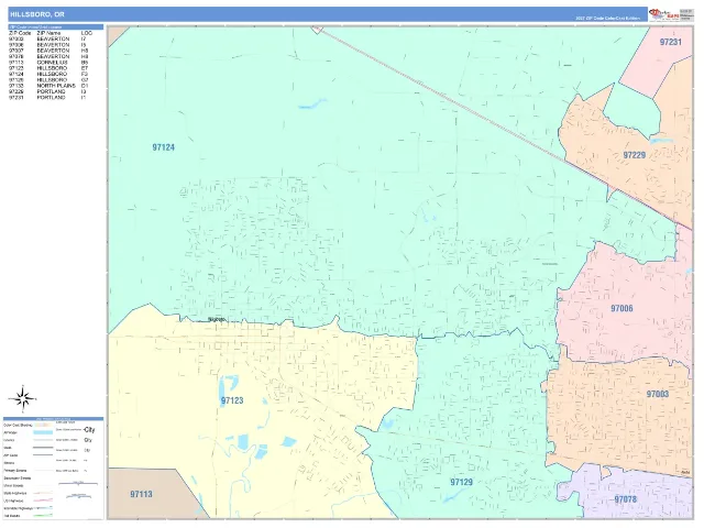 Hillsboro, OR ZIP Code Wall Map, ColorCast style