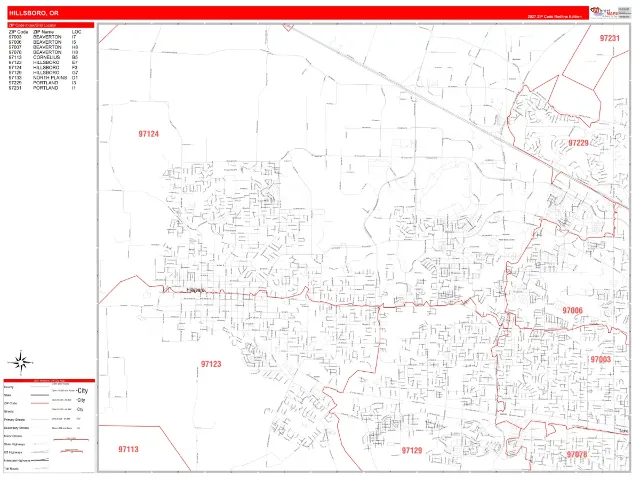 Hillsboro, OR ZIP Code Wall Map, RedLine style