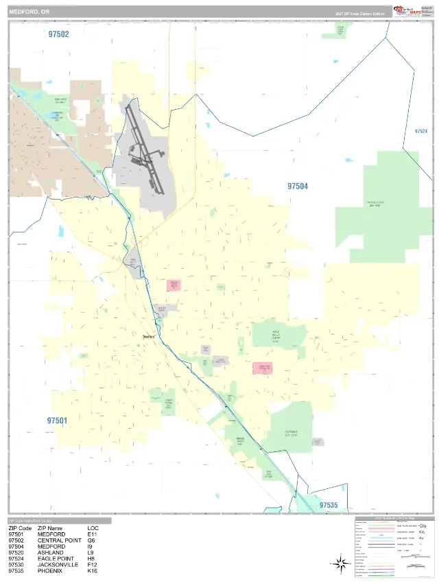 Medford, OR ZIP Code Wall Map, Classic style