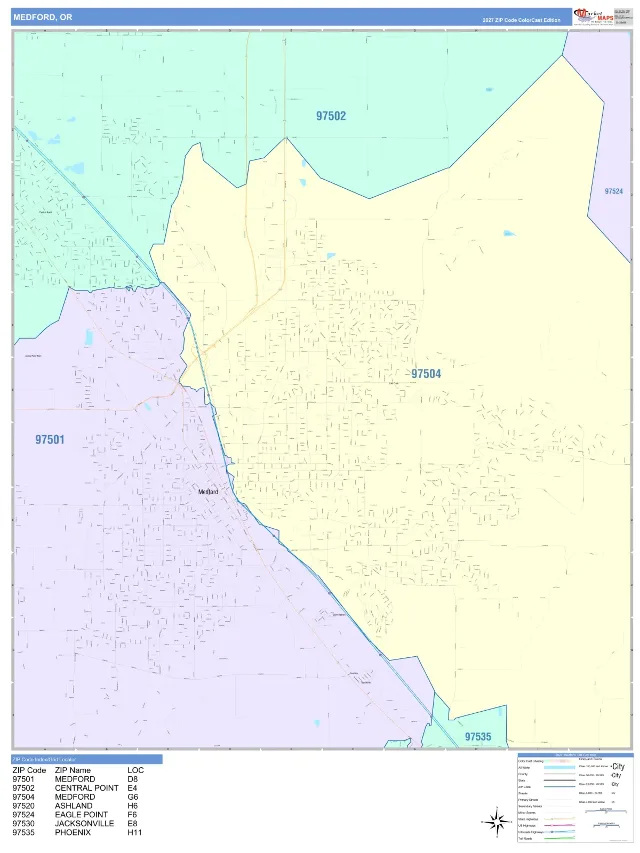 Medford, OR ZIP Code Wall Map, ColorCast style