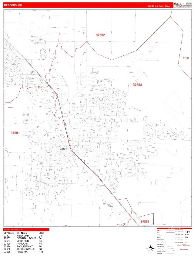 Medford, OR ZIP Code Wall Map, RedLine style