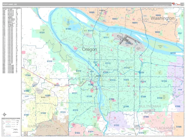 Portland, OR ZIP Code Wall Map, Classic style