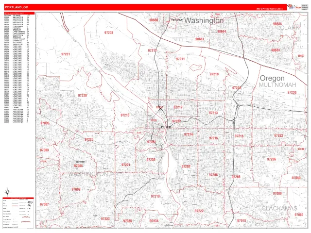 Portland, OR ZIP Code Wall Map, RedLine style