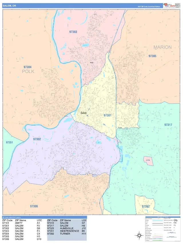Salem, OR ZIP Code Wall Map, ColorCast style