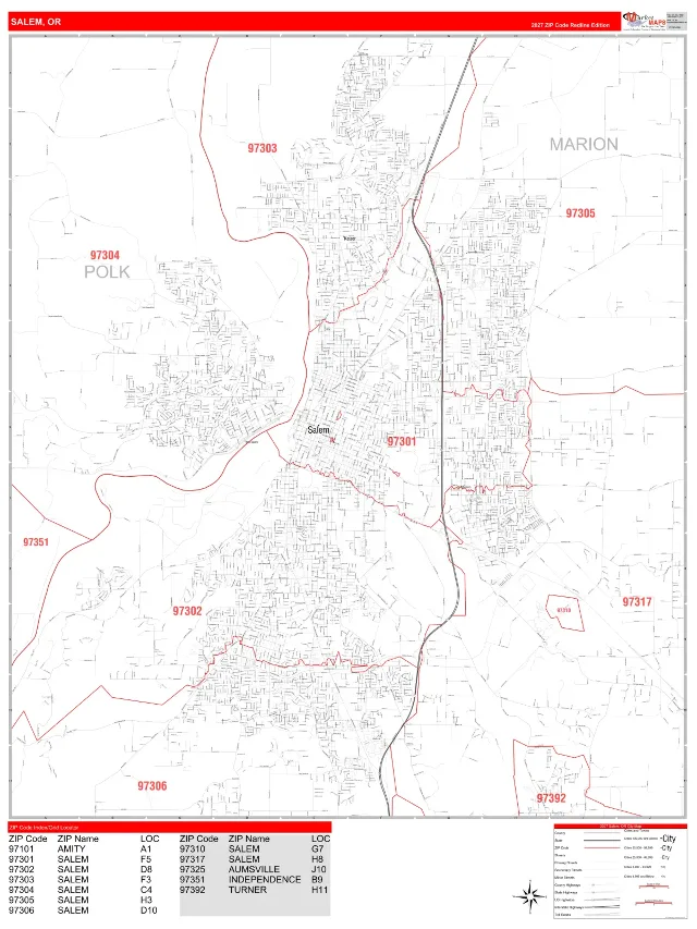 Salem, OR ZIP Code Wall Map, RedLine style