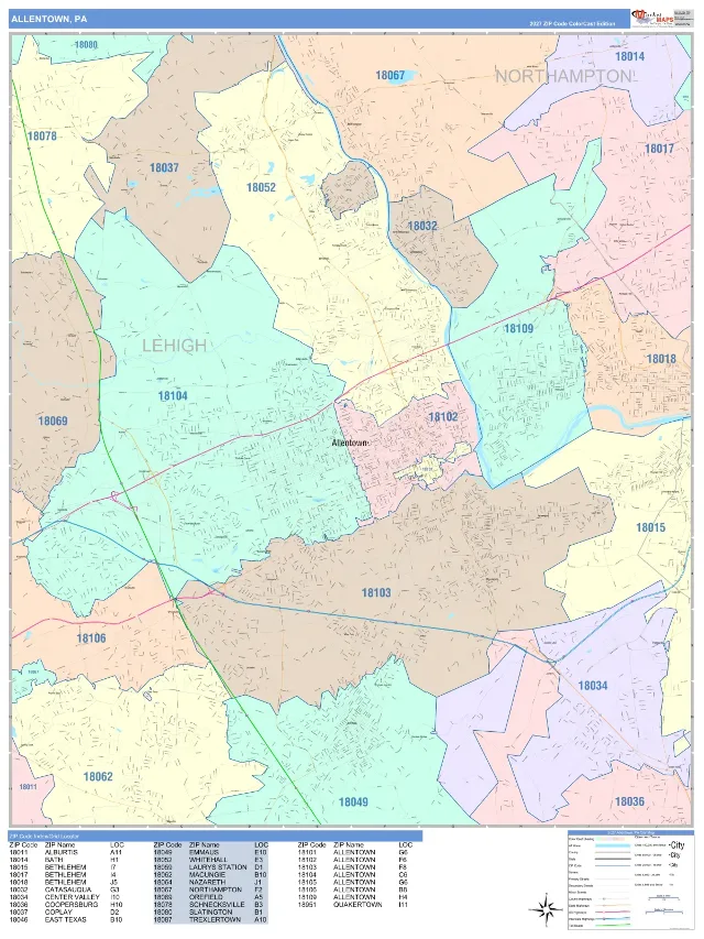 Allentown, PA ZIP Code Wall Map, ColorCast style