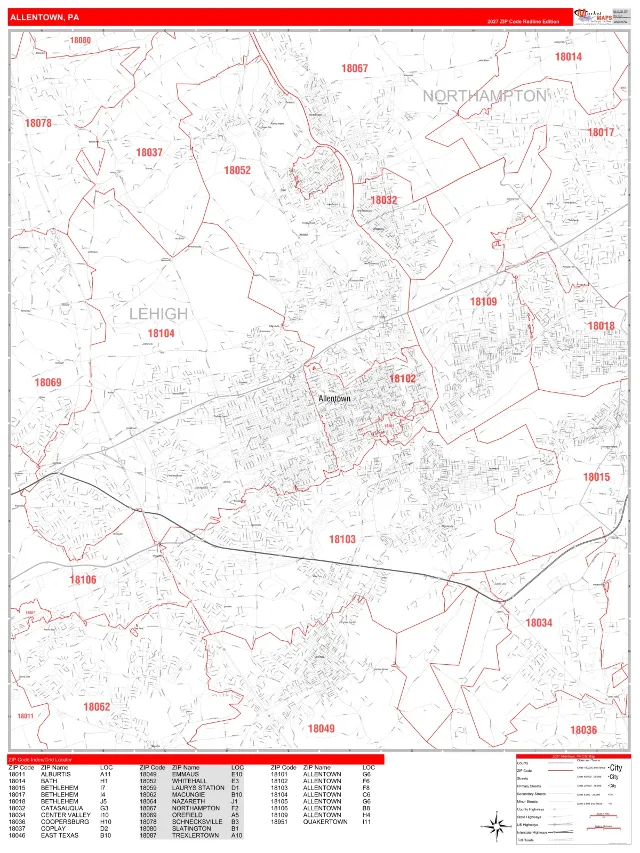 Allentown, PA ZIP Code Wall Map, RedLine style