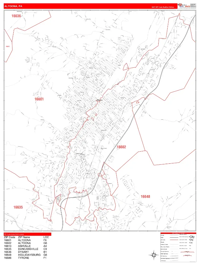 Altoona, PA ZIP Code Wall Map, RedLine style