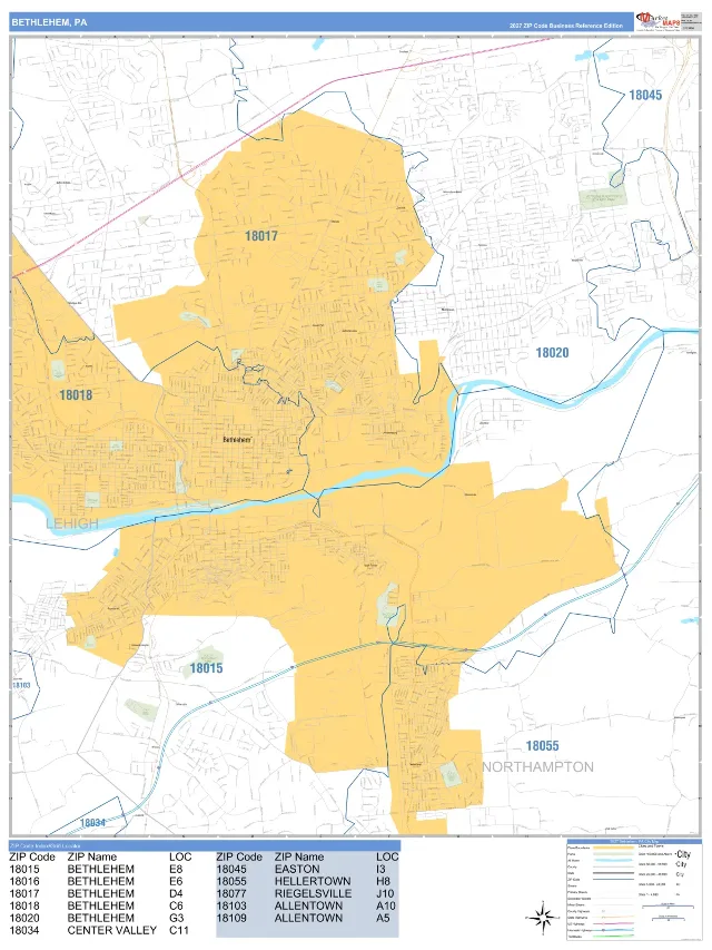 Bethlehem, PA ZIP Code Wall Map, Business Reference style