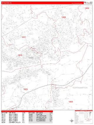 Bethlehem, PA RedLine style ZIP Code wall map