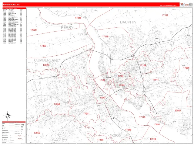 Harrisburg, PA ZIP Code Wall Map, RedLine style