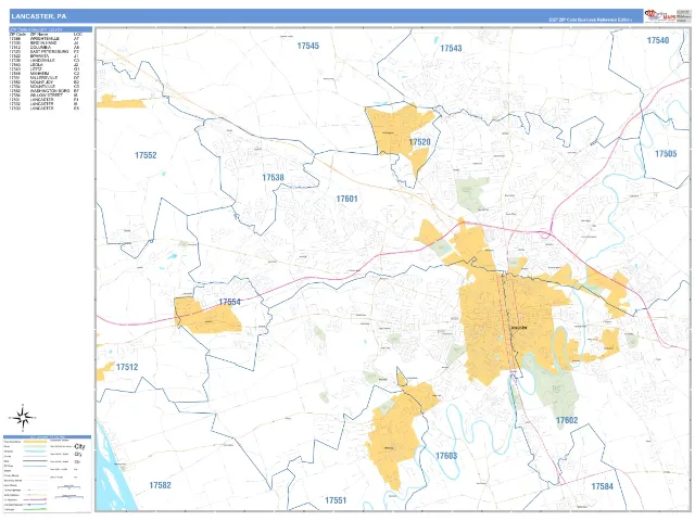 Lancaster, PA ZIP Code Wall Map, Business Reference style