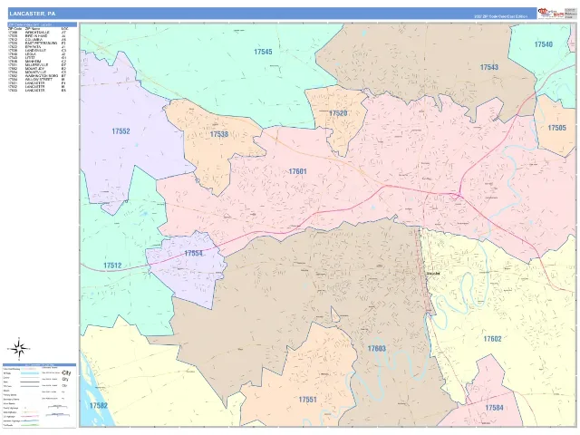 Lancaster, PA ZIP Code Wall Map, ColorCast style