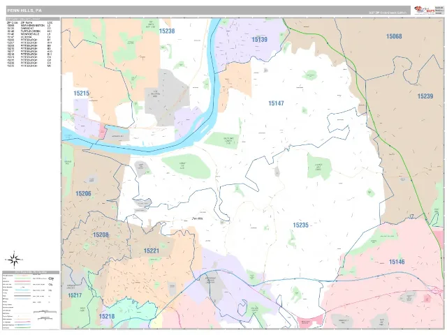Penn Hills, PA ZIP Code Wall Map, Classic style