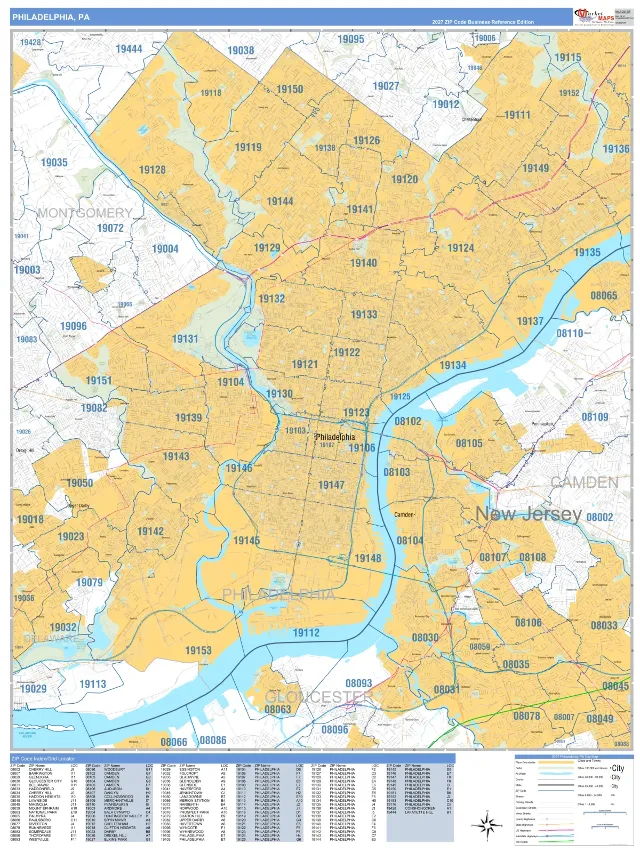 Philadelphia, PA ZIP Code Wall Map, Business Reference style