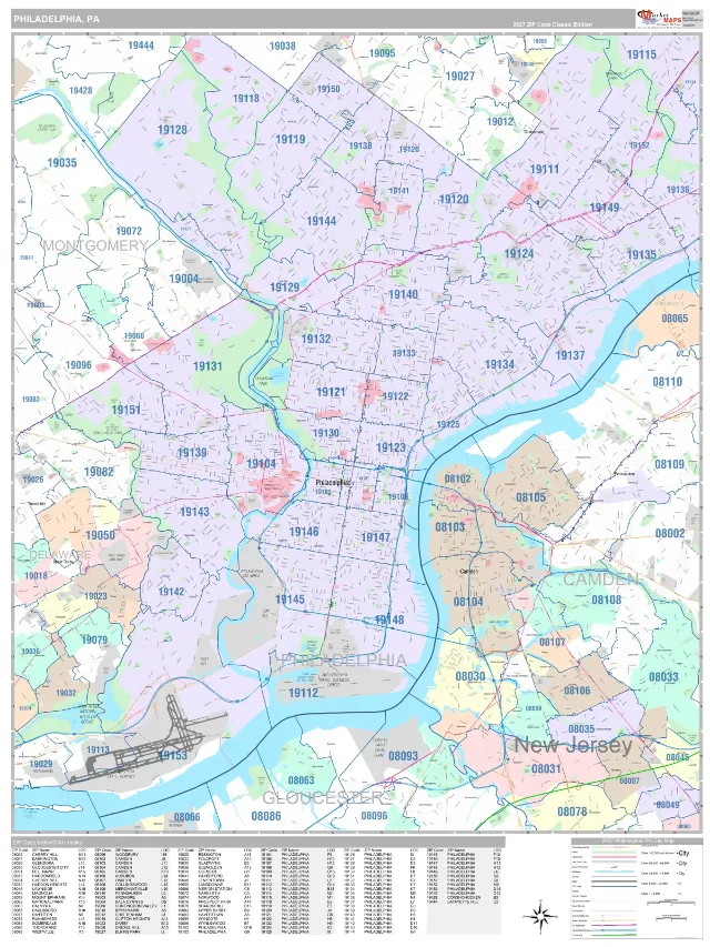 Philadelphia, PA ZIP Code Wall Map, Classic style