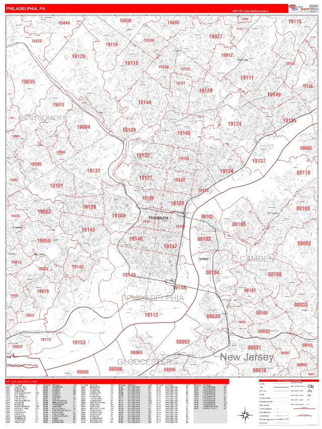 Philadelphia, PA ZIP Code Wall Map, RedLine style
