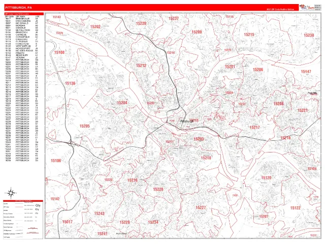 Pittsburgh, PA ZIP Code Wall Map, RedLine style