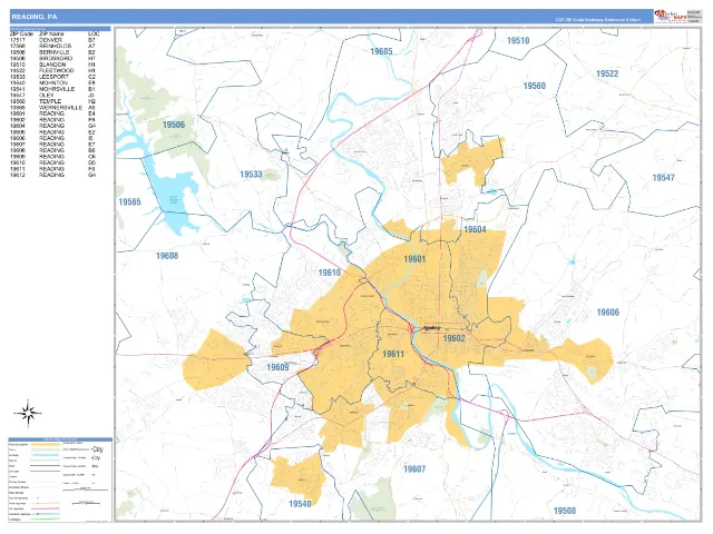 Reading, PA ZIP Code Wall Map, Business Reference style
