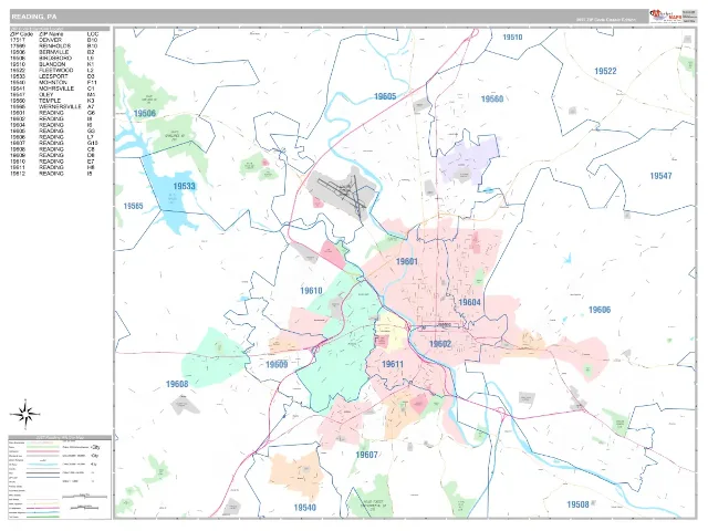 Reading, PA ZIP Code Wall Map, Classic style