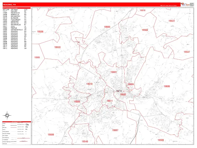 Reading, PA ZIP Code Wall Map, RedLine style