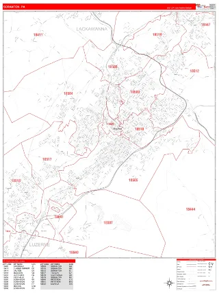 Scranton, PA RedLine style ZIP Code wall map