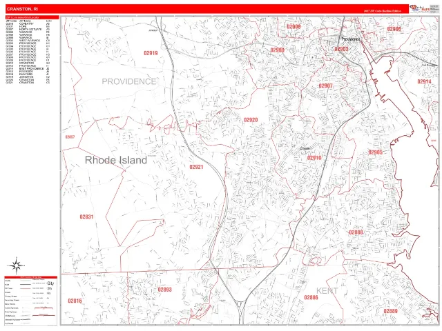 Cranston, RI ZIP Code Wall Map, RedLine style