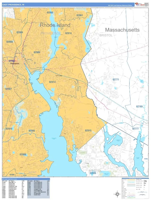 East Providence, RI ZIP Code Wall Map, Business Reference style