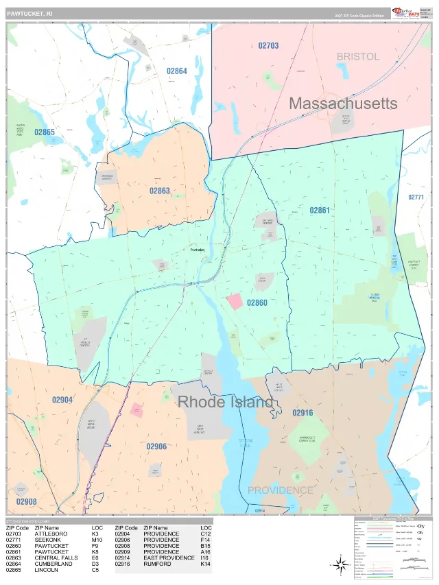 Pawtucket, RI ZIP Code Wall Map, Classic style