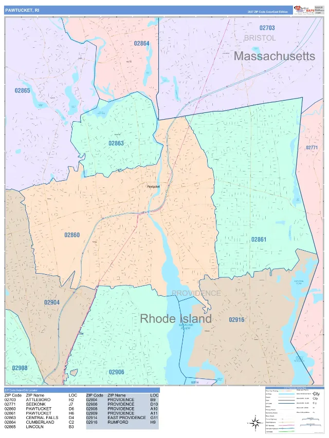 Pawtucket, RI ZIP Code Wall Map, ColorCast style