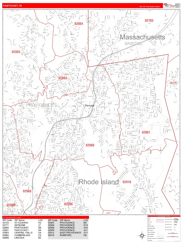 Pawtucket, RI ZIP Code Wall Map, RedLine style