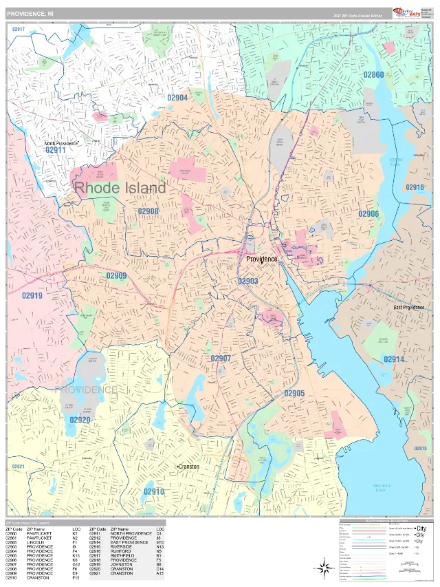 Providence, RI ZIP Code Wall Map, Classic style