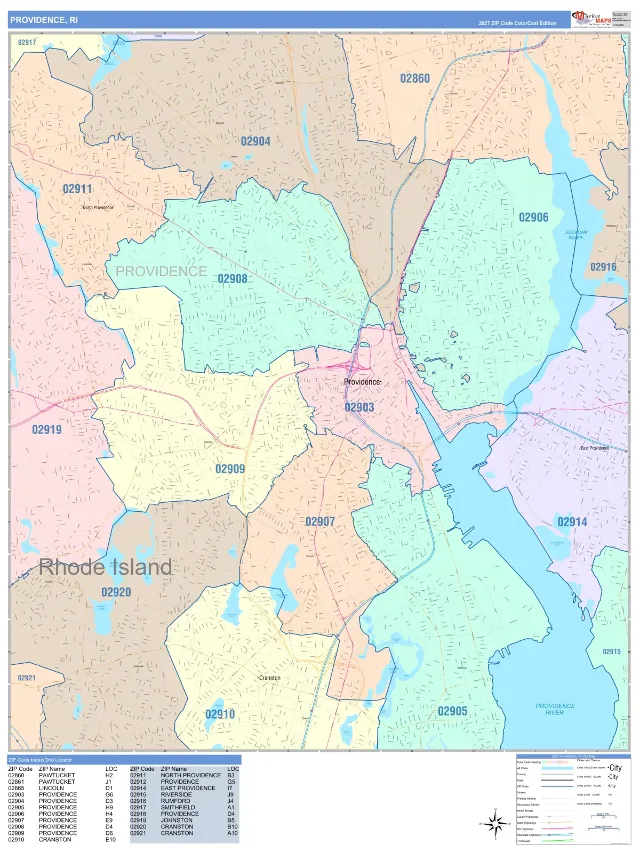 Providence, RI ZIP Code Wall Map, ColorCast style