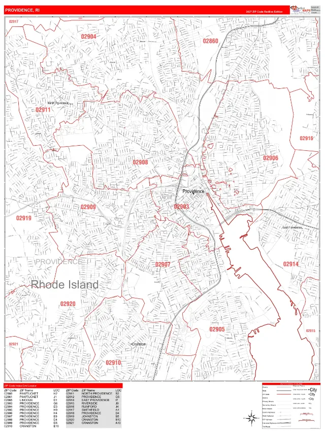 Providence, RI ZIP Code Wall Map, RedLine style