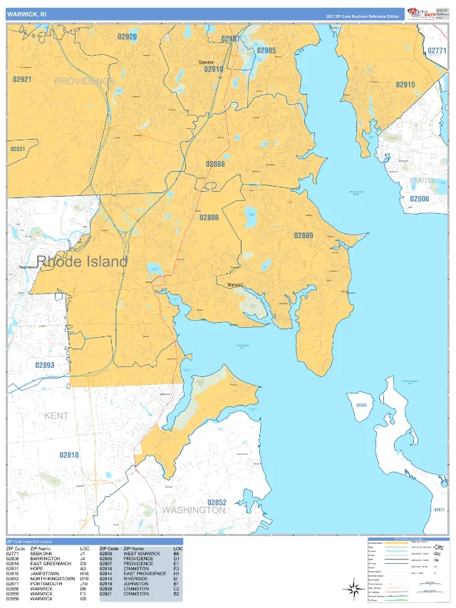 Warwick, RI ZIP Code Wall Map, Business Reference style