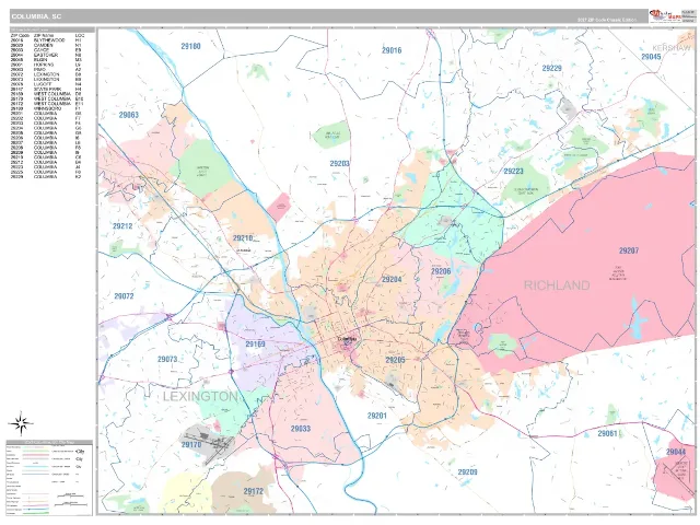 Columbia, SC ZIP Code Wall Map, Classic style