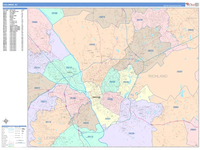 Columbia, SC ZIP Code Wall Map, ColorCast style