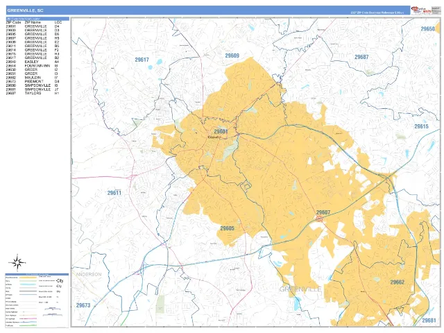 Greenville, SC ZIP Code Wall Map, Business Reference style