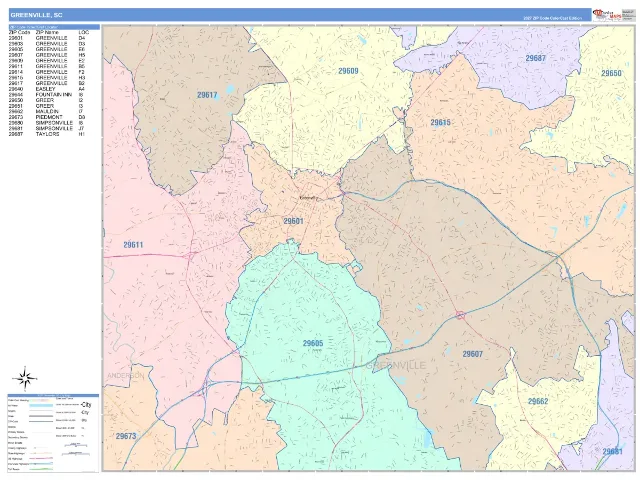 Greenville, SC ZIP Code Wall Map, ColorCast style