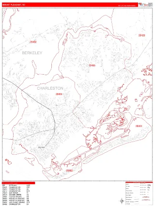 Mount Pleasant, SC RedLine style ZIP Code wall map