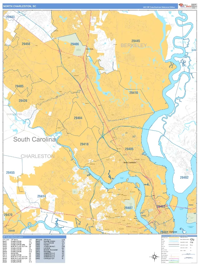 North Charleston, SC ZIP Code Wall Map, Business Reference style